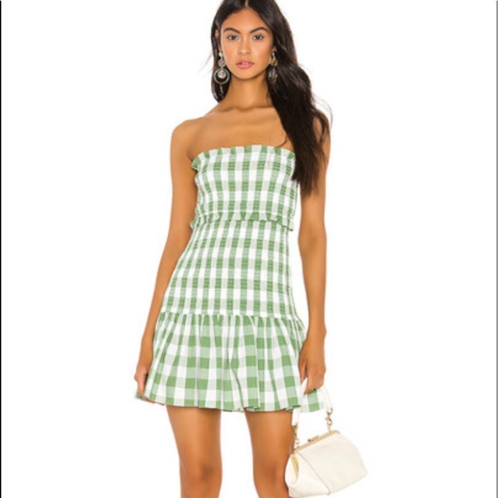 Likely strapless ruffled mini dress in juniper/white check. NWT. Size 10.